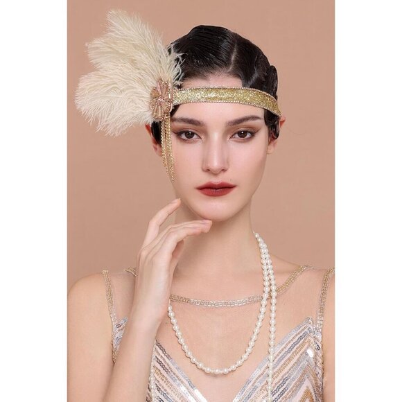 Flapper Headpiece Feather Crystal Rhinestones Gatsby 1920s Vintage Accessory main image 4